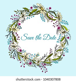 Handdrawn wreath made in vector. Unique decoration for greeting card, wedding invitation, save the date. Summer flowers with space for your text.