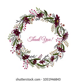 Handdrawn wreath made in vector. Unique decoration for greeting card, wedding invitation, save the date. Summer flowers with space for your text.