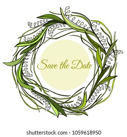 Handdrawn wreath made in vector. Unique decoration for greeting card, wedding invitation, save the date. Summer flowers with space for your text.