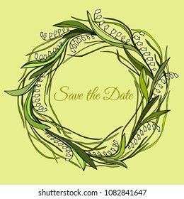 Handdrawn wreath made in vector. Unique decoration for greeting card, wedding invitation, save the date. Summer flowers with space for your text.