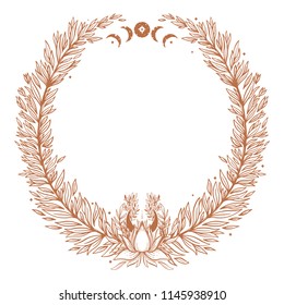 Handdrawn wreath made in vector. Unique decoration for greeting card, wedding invitation, save the date. Nature with space for your text. Illustration