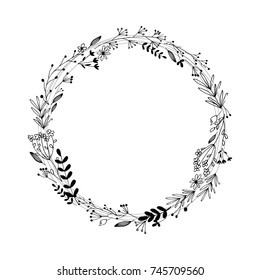 Handdrawn wreath made in vector. Unique decoration for greeting card, wedding invitation, save the date. Summer flowers with space for your text.