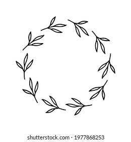Hand-drawn wreath on white background. Black plant doodle wreath.