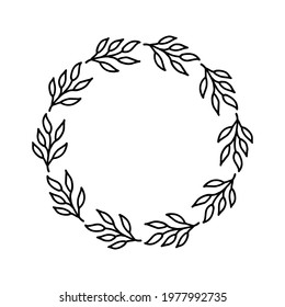 Hand-drawn wreath on white background. Black plant doodle wreath.