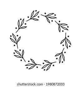 Hand-drawn wreath on white background. Black plant doodle wreath.