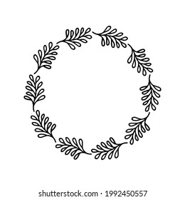 Hand-drawn wreath on white background. Black plant doodle wreath.
