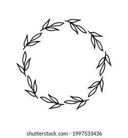 Hand-drawn wreath on white background. Black plant doodle wreath.