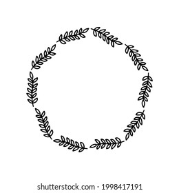 Hand-drawn wreath on white background. Black plant doodle wreath.