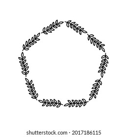 Hand-drawn wreath on white background. Black plant doodle wreath.