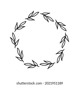 Hand-drawn wreath on white background. Black plant doodle wreath.