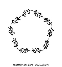Hand-drawn wreath on white background. Black plant doodle wreath.