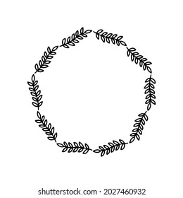 Hand-drawn wreath on white background. Black plant doodle wreath.