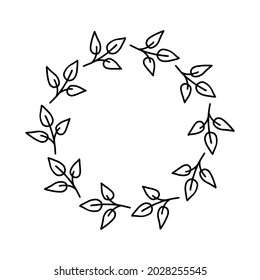 Hand-drawn wreath on white background. Black plant doodle wreath.