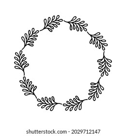 Hand-drawn wreath on white background. Black plant doodle wreath.