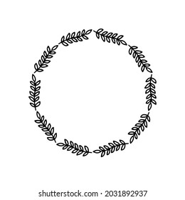 Hand-drawn wreath on white background. Black plant doodle wreath.
