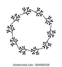 Hand-drawn wreath on white background. Black plant doodle wreath.