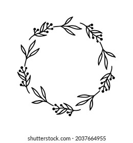 Hand-drawn wreath on white background. Black plant doodle wreath.