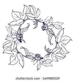 Hand-drawn wreath of twigs and passion fruit flowers.