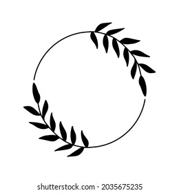 Hand-drawn wreath with white background. Black plant doodle wreath.