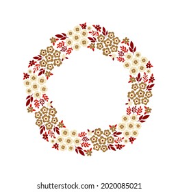 Corona de flores dibujada a mano con fondo blanco. Vestir con rojo y beige. Diseño de tejidos, tejidos, papel pintado, ropa de cama, chándales o prendas de vestir neutras desde el punto de vista del género.