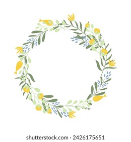 Handdrawn wreath with yellow and blue spring flowers. Vector round frame.