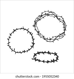 Hand-drawn wreaths of thorns set isolated on white background. Christian symbol of the sacrifice of Jesus Christ. Religion and Christianity. Vector illustration