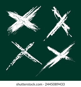 Hand-drawn X. A collection of white stripes on a dark green background. Cross sign graphic symbol drawn with white strokes of dry chalk, charcoal, pencil in the shape of the letter x in vector - uneve