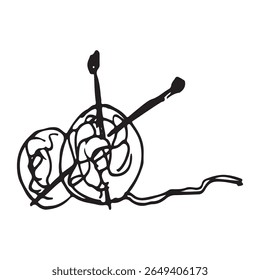 Hand-Drawn Yarn Balls with Knitting Needles Minimalist Line Art