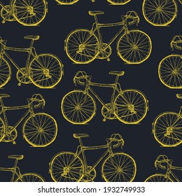 Hand-drawn Yellow Bicycles Seamless Pattern on Black Background