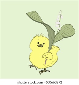 Hand-drawn yellow chick with a flower lily of the valley under the wing