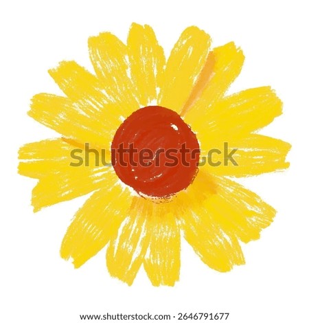 Hand-drawn yellow daisy with red center, crayon-style flower illustration on white background
