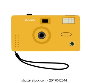 Hand-drawn yellow film photo camera. Retro, vintage camera, photographer tool, photo tool. Back to the 80s - 90s. Colorful flat vector illustration isolated on white background.