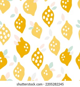 Limones amarillos dibujados a mano. Resumen de frutas lindas sobre fondo blanco en estilo moderno para cocina o delantal. Patrón sin foco con ilustraciones vectoriales de alimentos para una toalla o un mantel.