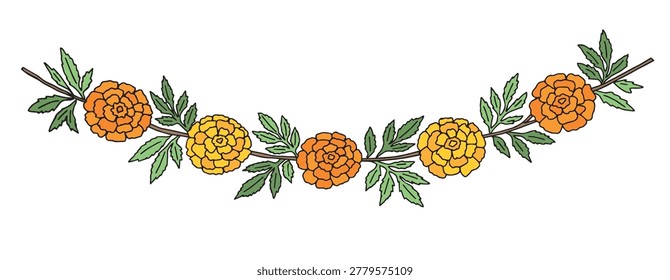 Handdrawn yellow Orange Marigold Flower Border, Indian Toran Garland. Zendu Flowers isolated on background. Festive Floral Party Decoration. Diwali, Halloween Dia de los Muertos, Vector Illustration