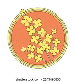 Hand-drawn yellow rapeseed flower. Blooming branch for postcards, logos. Flat retro style. Cartoon vector canola plant. All elements are isolated. Cute design for your icon, sticker, pin.