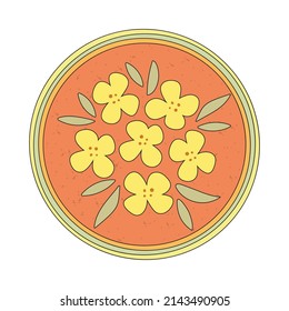 Hand-drawn yellow rapeseed flower. Blooming branch for postcards, logos. Flat retro style. Cartoon vector canola plant. All elements are isolated. Cute design for your icon, sticker, pin.