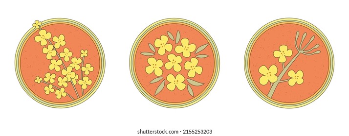 Hand-drawn yellow rapeseed flower. Blooming branch for postcards, logos. Flat retro style. Cartoon vector canola plant. All elements are isolated. Cute design for your icon, sticker, pin.