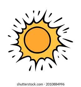 Handdrawn yellow sun. Bright shining sun with beams in doodle style. Black and white vector illustration isolated in white background