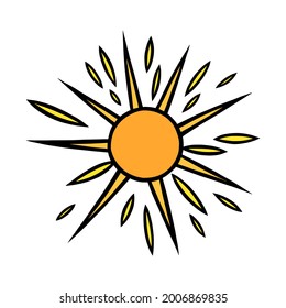 Handdrawn yellow sun. Colorful shining sun with beams in doodle style. Black and white vector illustration isolated in white background