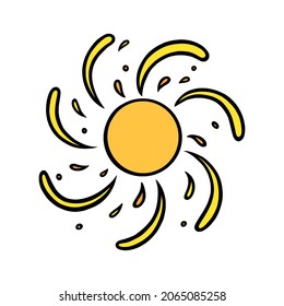 Handdrawn yellow sun. Colorful shining sun with swirling beams in doodle style. Black and white vector illustration isolated in white background