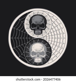 A hand-drawn yin yang symbol with human skulls and cobwebs on a black background. Vector occult and mystical sign of balance, harmony, Feng Shui, unity and opposites, the continuity of life and death