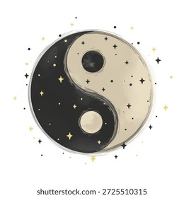 Símbolo de Vector Yin Yang dibujado a mano con estrellas brillantes aisladas en blanco. Limpie las líneas con pinceladas texturizadas en colores negros y cremosos. Perfecto para proyectos de bienestar, sociales y minimalistas.