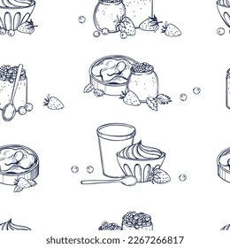 Hand-drawn yogurt set. Vector  seamless pattern. 