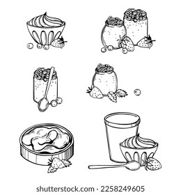 Hand-drawn yogurt set. Vector sketch  illustration.