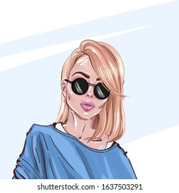 Hand-drawn young beautiful blonde girl in sunglasses. Fashion illustration of a stylish look. Vector for design t-shirts typography cards and posters.