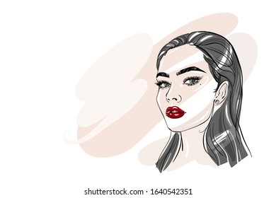 Hand-drawn young beautiful brunette girl with smokey eyes and red lipstick. Fashion illustration of a stylish look. Vector for design t-shirts typography cards and posters.