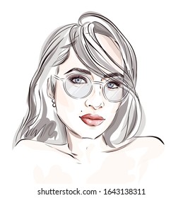 Hand-drawn young beautiful brunette girl in glasses. Fashion illustration of a stylish look. Vector for design t-shirts typography cards and posters.