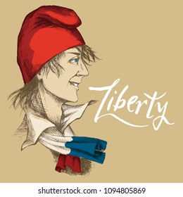 Hand-drawn young Frenchman in a red Phrygian cap. A symbol of freedom,the scarf with the state colors of the French Tricolor on a neutral background. Hand lettering liberty.