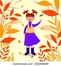 Hand-drawn young girl walking in the autumn park