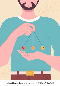 Hand-drawn young man with a mood pendulum. Energy pendulum. Trendy vector illustration.